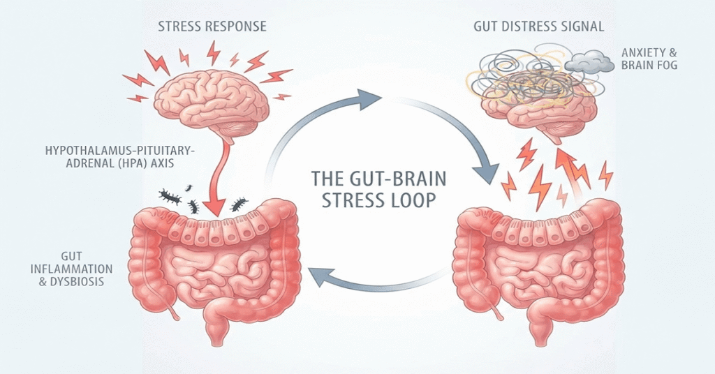 Infographic showing the cycle between stress and gut dysbiosis, known as the gut-brain stress loop.