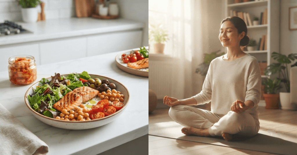 A top-down view of a healthy meal followed by someone engaging in mindful breathing exercises.