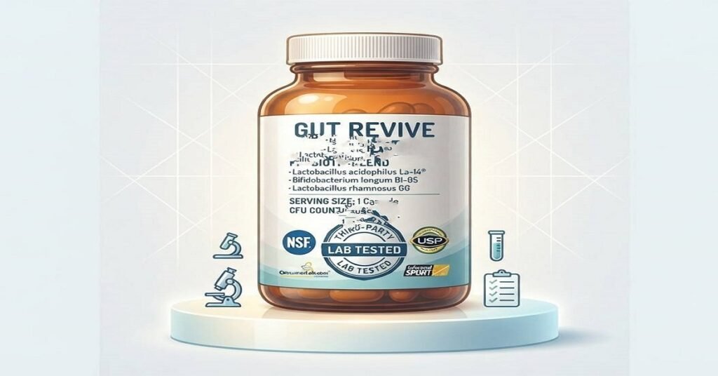 Infographic showing key third-party quality certifications for gut health supplements.