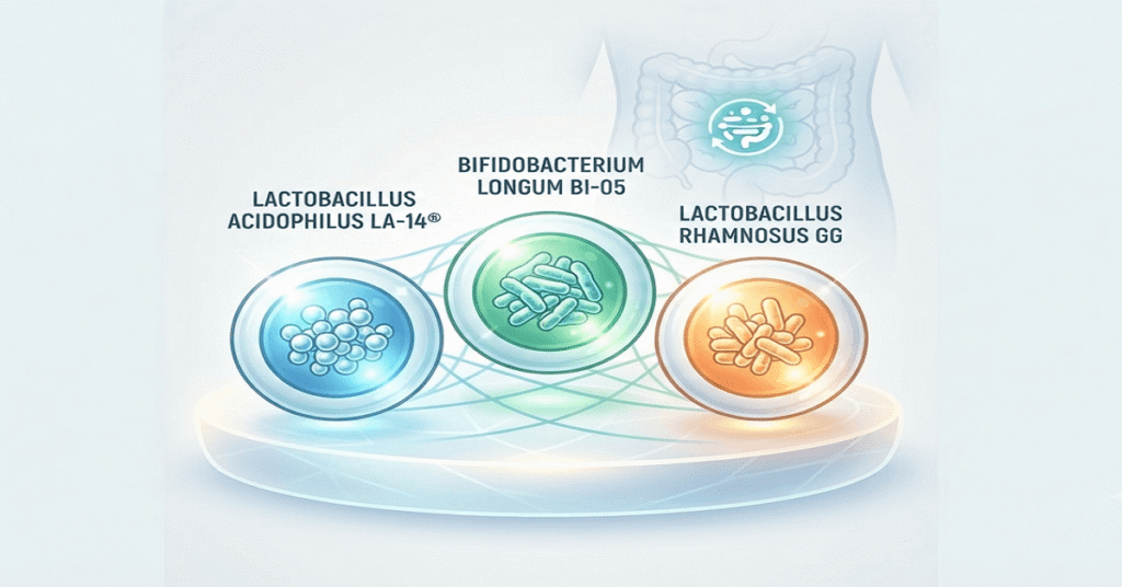 Educational graphic showing various named probiotic strains for gut health.
