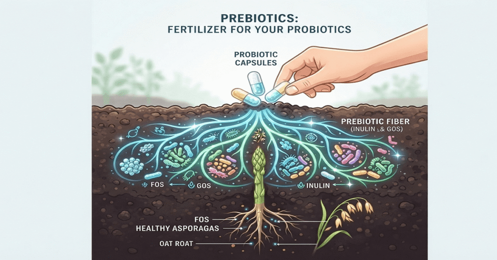 Illustration comparing probiotics to seeds and prebiotics to the fertilizer they need to grow.