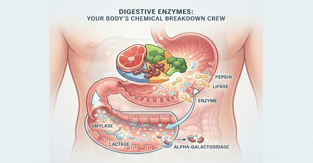 Diagram illustrating how digestive enzymes break down food molecules for better absorption.