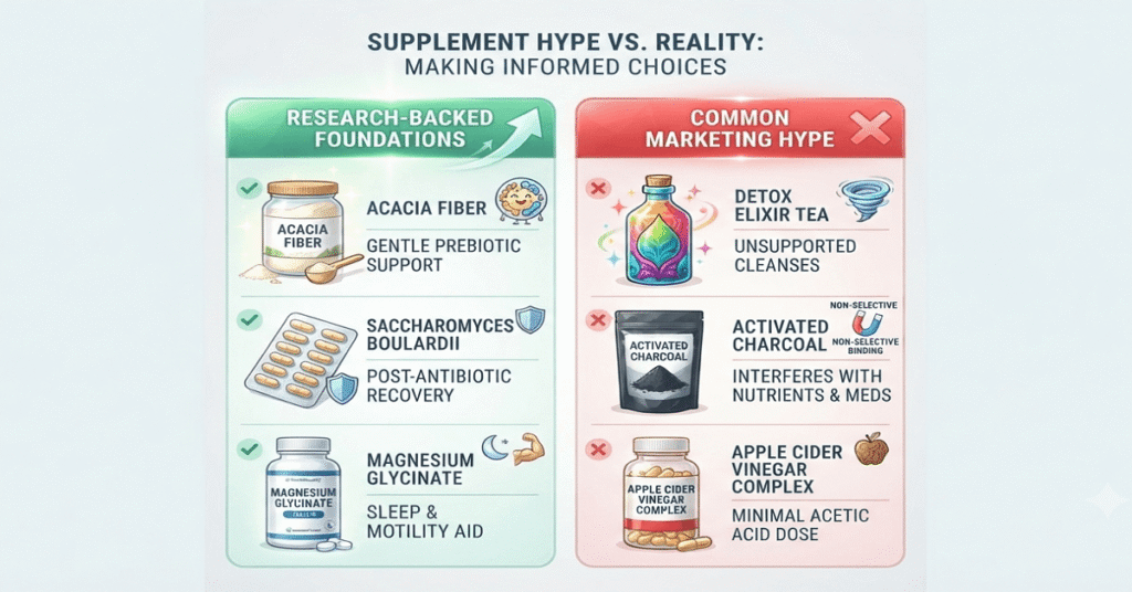Infographic comparing scientifically backed gut health staples versus heavily marketed "hype" products.