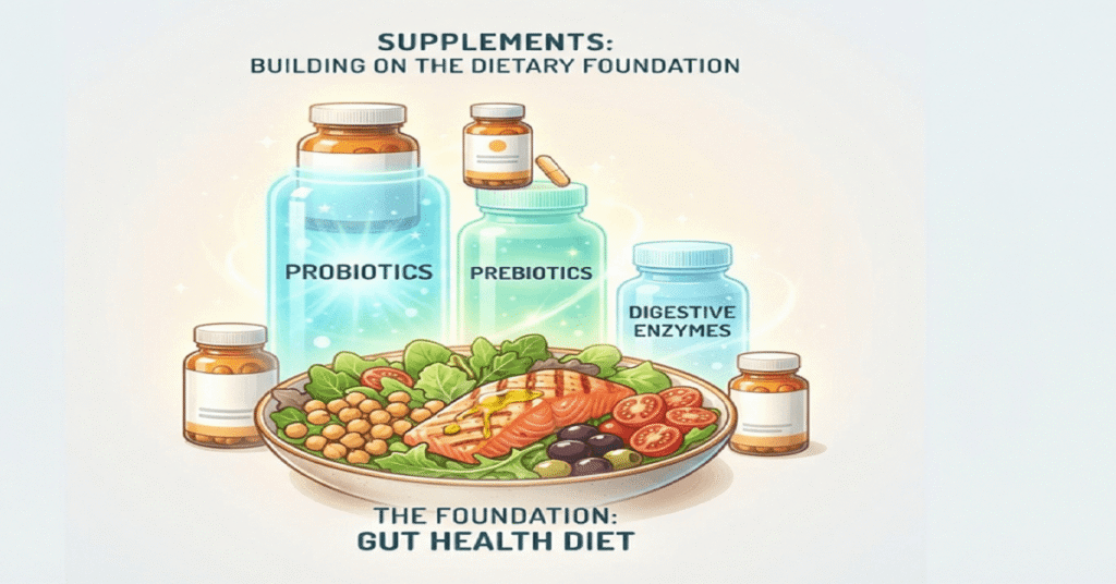 Graphic illustrating diet as the foundation of gut health with supplements as secondary support.