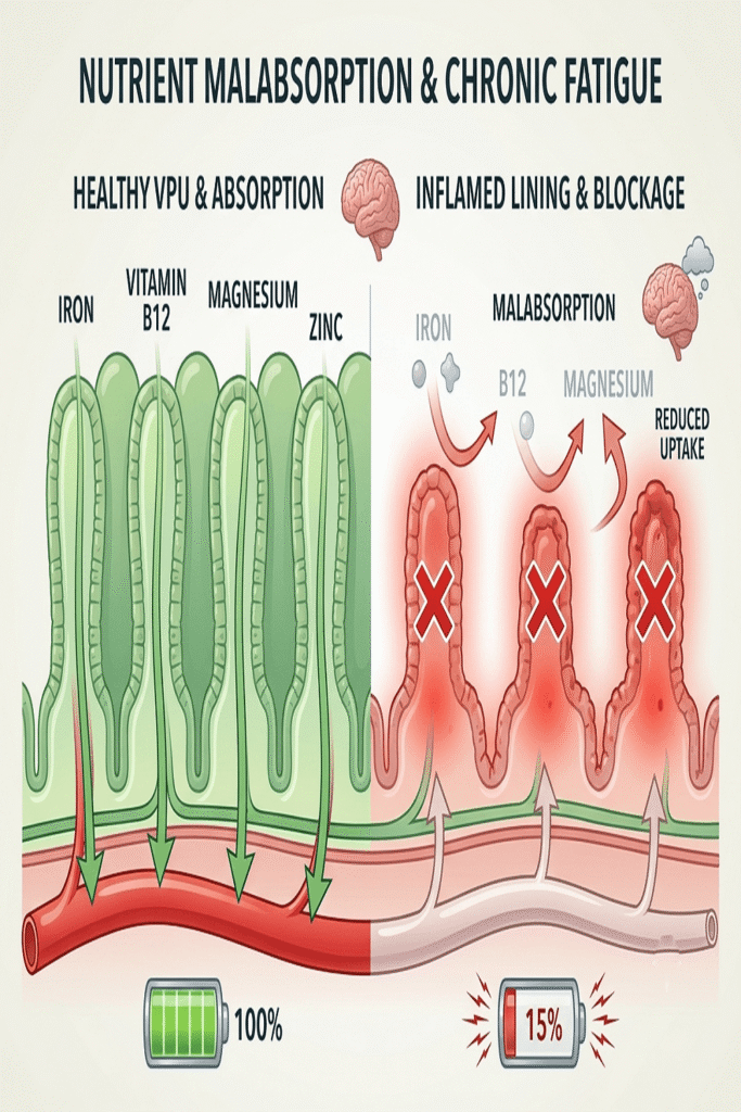 An educational diagram showing how gut inflammation blocks essential energy nutrients like Iron and B12 from being absorbed.