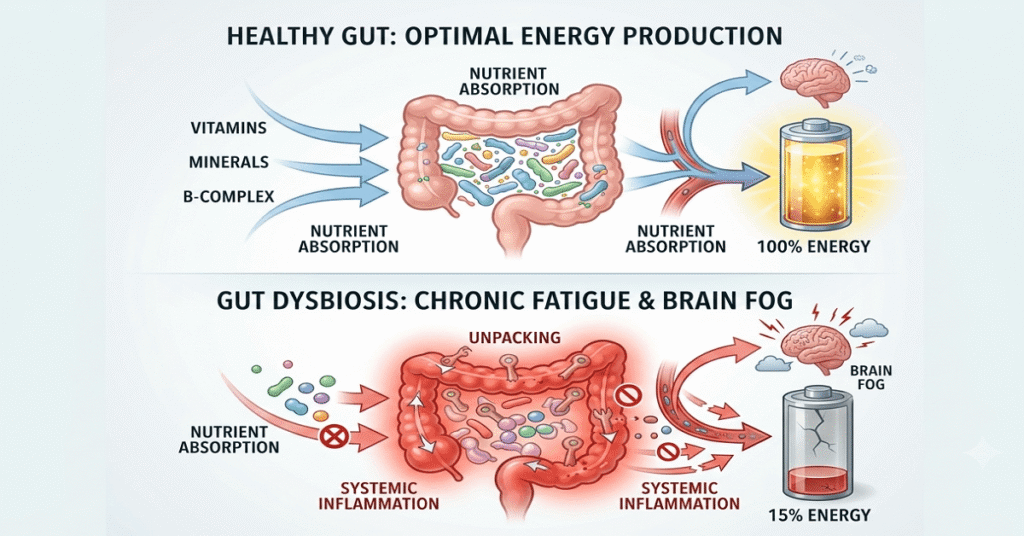 A two-panel medical infographic comparing a healthy gut producing optimal energy against gut dysbiosis causing chronic fatigue.