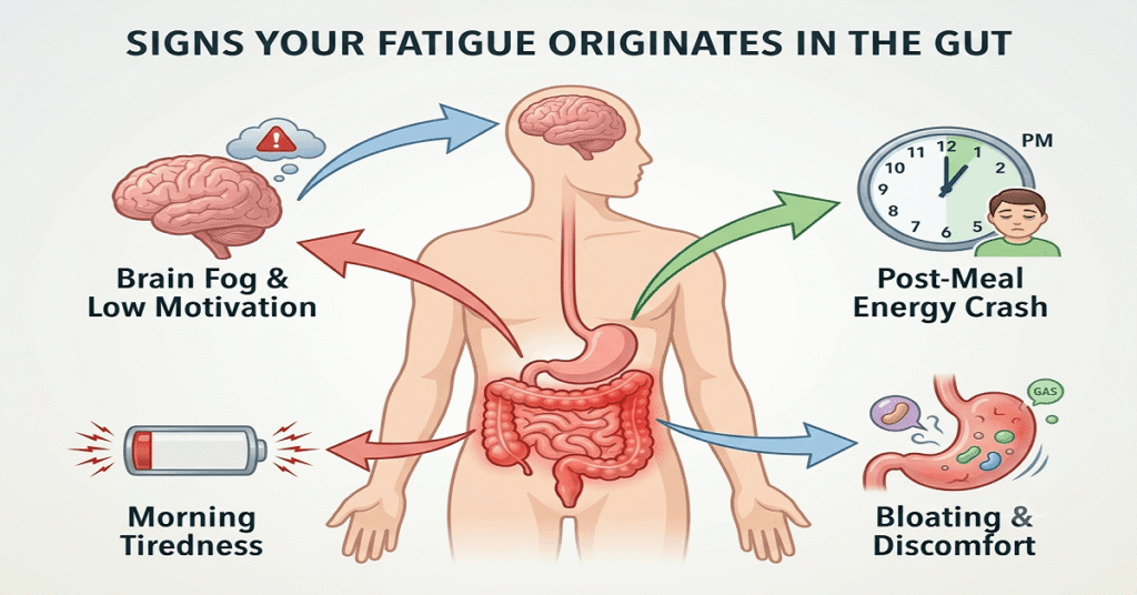 A medical symptom map linking digestive discomfort and post-meal crashes to gut-related chronic fatigue.