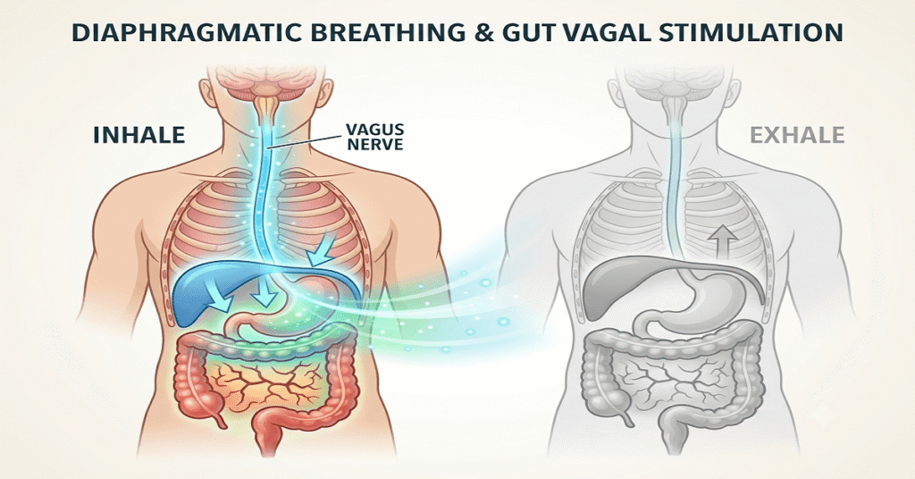 An anatomical illustration demonstrating deep diaphragmatic breathing stimulating the vagus nerve and massaging gut organs.