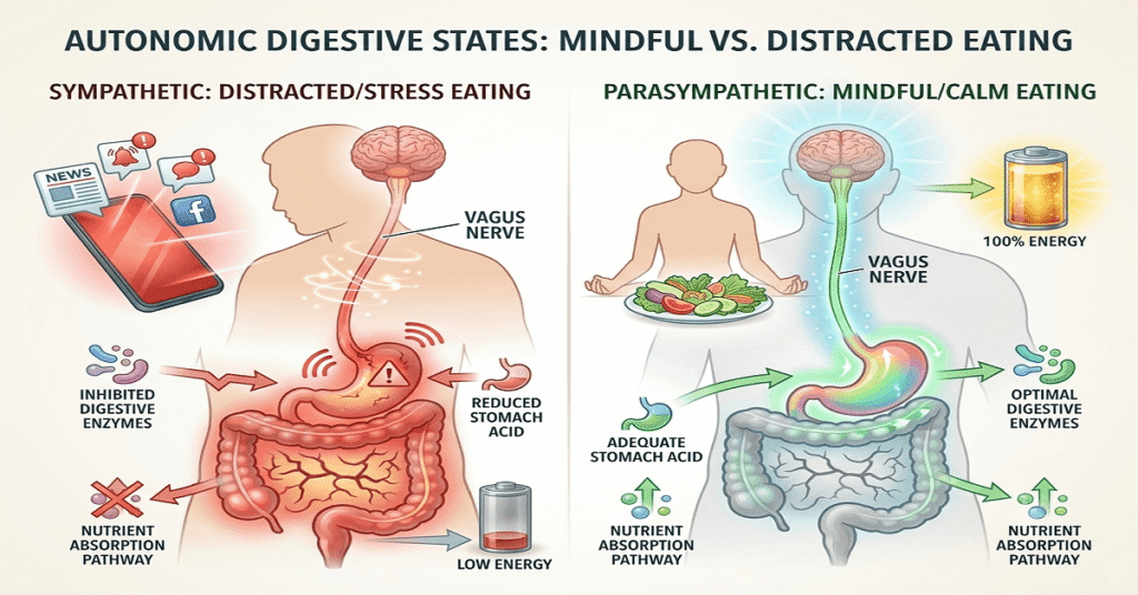 A dual-panel medical vector comparing stress-distracted eating against mindful eating and its impact on digestive enzyme production.