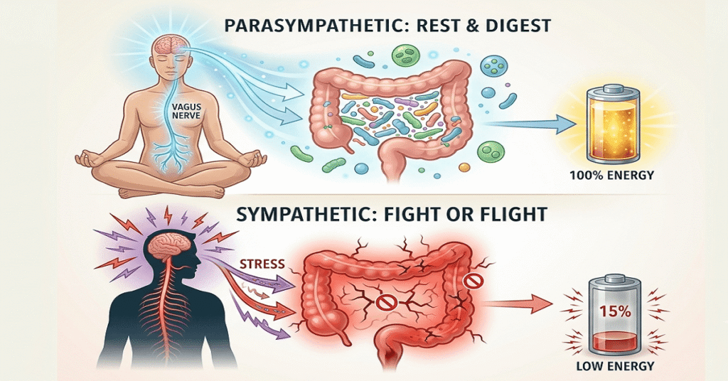 A clean medical vector graphic showing how parasympathetic nervous system activation through the vagus nerve calms the gut compared to stress response.